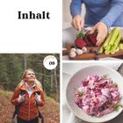 "Inhalt. THEORIE 09. Frau im Wald, Rote Bete und Sellerie Zubereitung, Rote Bete Salat in Schüssel."