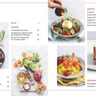 Inhalt mit Vorwort, Theorieteil, Rezepte und Nachschlagen. Bilder von Oliven, Salat, Gemüse, Garnelen und einer Schichtlasagne.