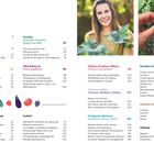 Inhaltsverzeichnis mit Themen wie Gemüsegarten, Obst pflücken und Kräuter. Rechte Seite: Frau mit Pflanzen, Hand mit Erdbeeren.