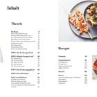 "Inhalt", "Theorie", "Rezepte". Links eine Waage und Maßband, rechts ein Teller mit Essen.