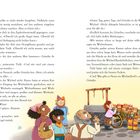 Seite 20 eines kindlichen Buches: Wichtel in einem Dorf; Gremlin verteilt Gläser. Illustration zeigt Wichtel und Gremlin mit Karren.