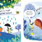 „Warum regnet es, Vogel? Es ist doch eigentlich Sommer!“   
Illustration: Eichhörnchen im Regen, Vogel mit Regenschirm.  