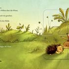 Text über einen Hasen und Igel, die sich auf einer Wiese treffen. Illustration: Ein Hase und ein Igel beschnuppern sich neugierig.