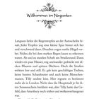 "Willkommen im Nirgendwo" steht unter einem floralen Ornament. Darunter beschreibt der Text eine regnerische, einsame Landschaft.