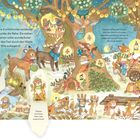 Ein Eichhörnchen entdeckt Rehe und funkelnde Lichter im Wald. Tiere tragen Sachen für ein Fest. Illustrative Szene.