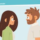 Text: „Blickkontakt“. Illustration von Frau und Mann, die sich anschauen.