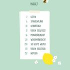 "Inhalt: 2 Listen, 6 Stundenpläne, 10 Geburtstage, 12 Ferien 2026/2027, 16 Monatsübersicht, 20 Wochenübersicht, 150 So geht's weiter, 151 Ferien 2027/2028, 152 Notizen." Illustration mit einer Biene und einer Zitrone.