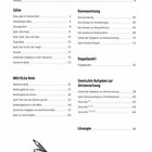 Inhalt mit Kategorien wie "Sätze", "Kommasetzung" und "Doppelpunkt" inklusive Seitenzahlen. Unten Zeichnung von Stift und Pinsel.