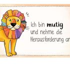 "Ich bin mutig und nehme die Herausforderung an." Illustration eines Löwen mit bunter Mähne.
