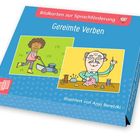 "Bildkarten zur Sprachförderung. Gereimte Verben. Ein Kind mäht Rasen, älterer Mann näht. Illustration von Anja Boretzki."