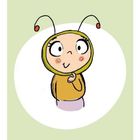 Illustration eines niedlichen Charakters mit großen Augen und zwei Antennen, in einem gelben Outfit.