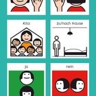 „Meine Wörter“: sechs Illustrationen, jede mit einem Wort: hallo, tschüss, Kita, zu/nach Hause, ja, nein.