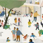 Text: "Ob auf Beinen, Schultern, Hufen, Rädern, Planken, Kufen, Skateboard oder Besenstiel: ALLE SIND WIR NUN AM ZIEL!"  
Illustration: Menschen mit Fahrrädern, Kinder spielen.