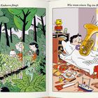 Es gibt zwei Illustrationen. Links: Einhorn im Wald, Mädchen mit Kuchen und Flöte. Rechts: Person im Bett mit Tuba, unordentliches Zimmer.