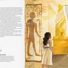 Links Text über eine Feder und das Ankh-Symbol. Rechts Infos zu Göttin Isis. Zwei Personen sehen eine Isis-Statue an.