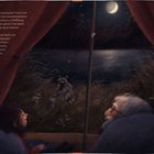 Text beschreibt eine Szene mit Mara und Opa im Zelt. Illustration zeigt Wald, Mond, Waschbären am Wasser.