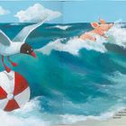 „Hurraaa!“, jubelt Kringel und wirft sich in die Wellen. Ein Schwein im Wasser, eine Möwe auf einem Ball.