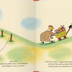 Zwei Hühner mit einem Wagen auf einer Wiese. Ein Huhn wirft eine Jacke weg, ein schwarzes Schaf und ein Hase sind auch zu sehen.