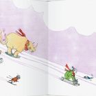 Illustration: Tiere rodeln einen Hügel hinunter. Ein Elefant, Nashorn, Hund, Vogel und andere winterlich gekleidet.