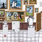 Gernot arbeitet als Wächter in einem Kunstmuseum. Illustration von Pinguinen in einem Museum mit Pinguin-Gemälden.