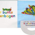 „Der bunte Regenbogen“ links, Illustration einer Raupe, rechts bunter Schmetterling mit „… und der wunderschöne kunterbunte Schmetterling.“