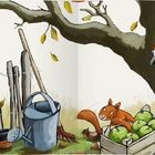Meine erste Nuss lege ich an einen ganz geheimen Ort. Den verrät bestimmt keiner. Illustration: Eichhörnchen, Baum.