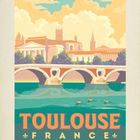 "Toulouse, France" steht in großen Buchstaben. Illustration einer Stadt mit historischen Gebäuden und einer Steinbrücke über Wasser.