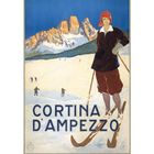 Text: "CORTINA D’AMPEZZO". Illustration von Skifahrern vor schneebedeckten Bergen und blauem Himmel.