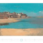 Kalenderblatt mit Gemälde von Häusern am Flussufer, Januar 2023 unten in blauer Schrift.