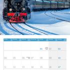Kalender für Januar 2027. Tagestexte: Neujahr (01), Heilige Drei Könige (06), Martin Luther King Day (15). Alte Lokomotive im Schnee.