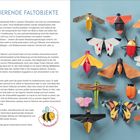 FASZINIERENDE FALTOBJEKTE. Origami-Insekten auf blauem Hintergrund, begleitet von Texten über Bestäuber und Umweltschutz.