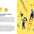 Text: "Ein Gespräch über das Glück" beschreibt, was Glück bedeutet. Illustration mit fröhlichen Menschen, Herzen und einem Smiley.