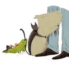 Eine Illustration zeigt ein Tier, das sich um die Beine einer Person schmiegt, begleitet von bunten Vögeln in der Nähe.