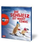 "Die Schweiz ist nicht genug" von Moritz Matthies. Zwei Tiere auf Skiern, eins trägt eine blaue Mütze. Argon Hörbuch Logo.
