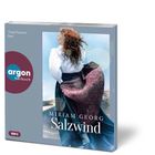 Tanja Fornaro liest. Miriam Georg, Salzwind. Argon Hörbuch Logo. Frau mit wehendem Umhang am Strand.
