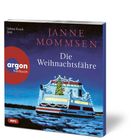 "Sabine Kaack liest, Janne Mommsen, Die Weihnachtsfähre, argon hörbuch Logo, Illustration einer beleuchteten Fähre im Eis."