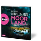 Text: "Andreas Winkelmann Moorland Die Braut". Oben dunkel bewölkter Himmel, unten ein Kahn auf einem Moorgewässer.
