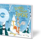 „Schnee-Hörnchen Flocke. Zusammen ist man weniger klein.“ Illustration: Tiere im Schnee, Schneemann, Bäume im Hintergrund.