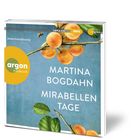 Autorinnenlesung. Martini Bogdahn. Mirabellentage. argon hörbuch. Illustration: Mirabellen und Blätter auf blauem Hintergrund.