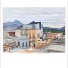 Illustration eines städtischen Gebiets, mit dem Wort "Palacio" auf einem Schild. Kalender für Januar darunter, Tage nummeriert.