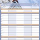 Januar 2027 Kalender mit Wochentagen. Oben eine Katze im Schnee vor verschneiten Bäumen.