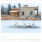 Park Sanssouci. Schwäne auf einem zugefrorenen See vor einer Villa im Winter, schneebedeckt und malerisch.