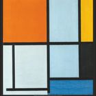 Januar; 1 bis 31 nummeriert; Illustration mit rechteckigen Farbflächen: Orange, Gelb, Hellblau, Dunkelblau, Weiß.