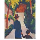"Auguste Macke 1887-1914, Mutter und Kind im Park, 1914." Gemälde mit zwei Personen auf einem grünen Weg.