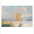 Albert Charles Lebourg, Über der Seine bei Ivry. Eine Impression mit Bäumen und Wasser in pastelligen Farben. Kalenderunterseite.