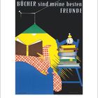 "BÜCHER sind meine besten FREUNDE." Illustration: Person im Bett mit Buch, Stapel Bücher auf Stuhl, Wecker oben.