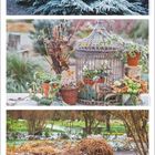 Text: Januar. Ein Garten im Winter mit Schnee auf Pflanzen, eine Vogelkäfig-Dekoration und ein Teich mit einer Statue.