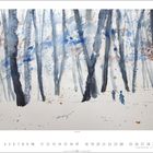 "Winterwald" steht in der Mitte. Kalender unten, Januar mit Zahlen 1 bis 31. Aquarell eines verschneiten Waldes.