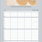 Text: NAME, JANUAR. Illustration: Abstrakte Formen mit blauen und gelben Linien auf beigem Hintergrund. Kalender mit Wochentagen.