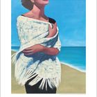 Kalenderseite: 1. Gemälde einer Frau am Strand, die ein weißes Tuch um die Schultern trägt, blauer Himmel, goldener Sand.